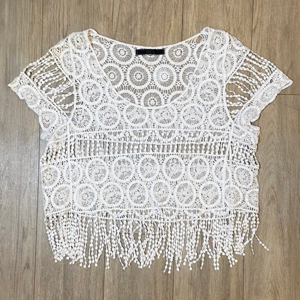 DULCIE White Crochet Lace Fringe Open Knit Crop Top Boho Festival Women's M